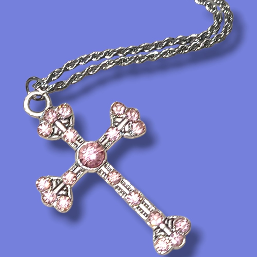 Vintage '90S Y2K Silver Tone Pink Rhinestone 2" Cross Pendant Rope Necklace 21"